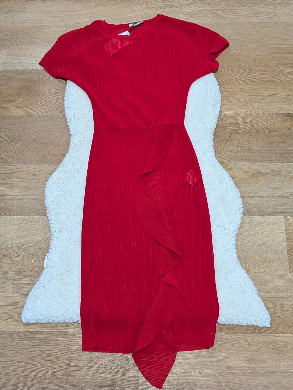Zara Trafaluc Pleated Ruffle Sheer Midi Dress Red Medium